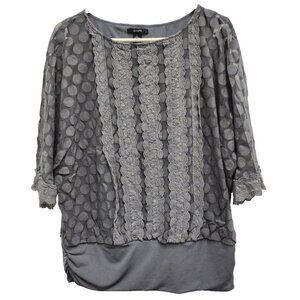 Alfani Womens Top Large Gray‎ Polka Dot Mesh Lace Short Sleeve Fairy Whimsygoth